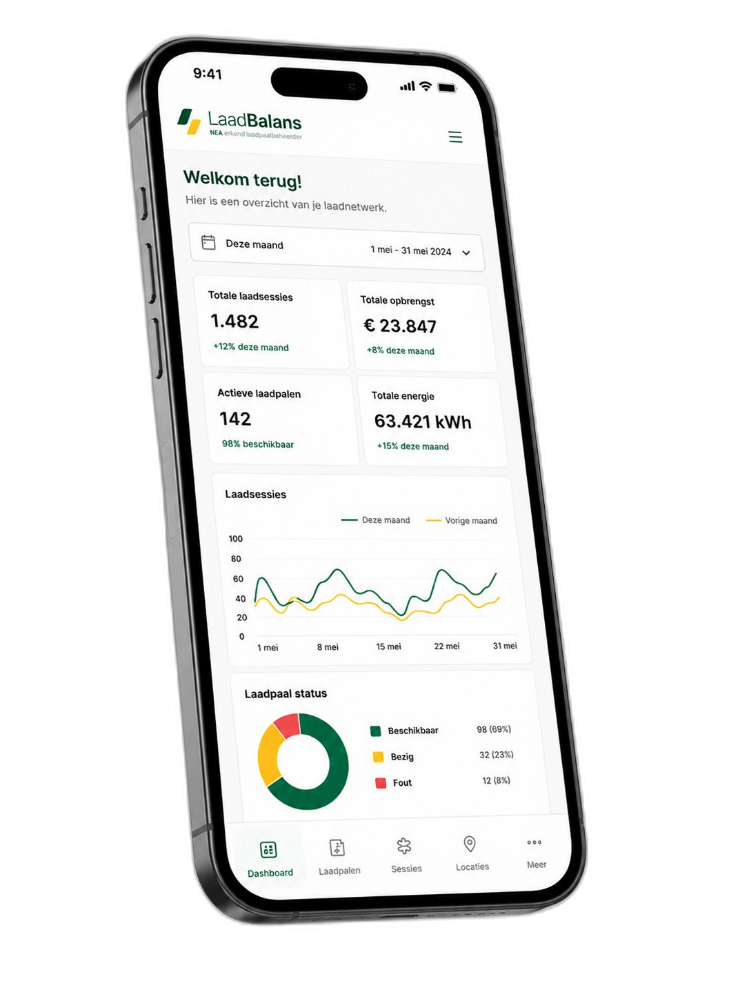LaadBalans mobiel dashboard met overzicht van laadsessies en opbrengst