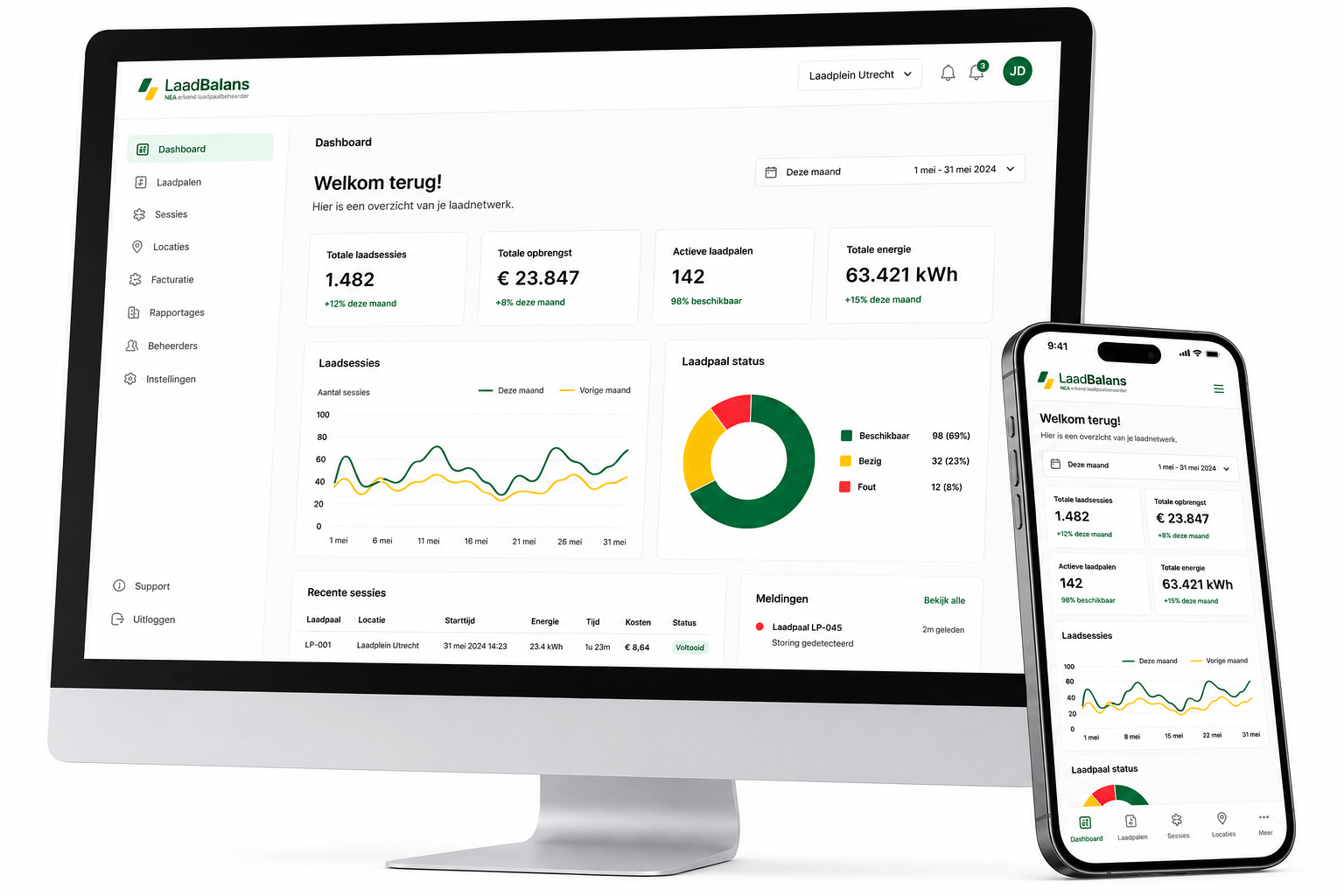 LaadBalans portaal op desktop en mobiel met dashboard, laadsessies en ERE-rapportages